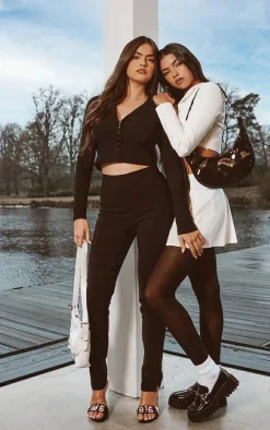 Black Stretch Woven Fitted Split Hem Shirt