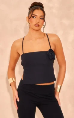 Black Stretch Woven Flower Detail Tie Back Crop Top