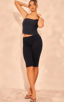 Black Stretch Woven Flower Detail Tie Back Crop Top