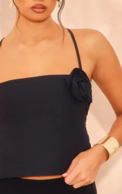 Black Stretch Woven Flower Detail Tie Back Crop Top