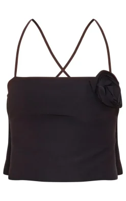 Black Stretch Woven Flower Detail Tie Back Crop Top