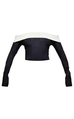 Black Stretch Woven Fold Over Detail Bardot Long Sleeved Top