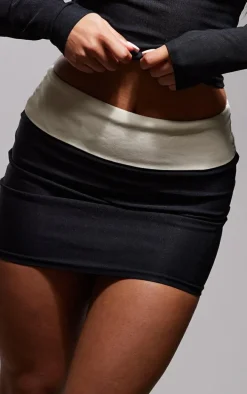 Black Stretch Woven Fold Over Detail Micro Mini Skirt