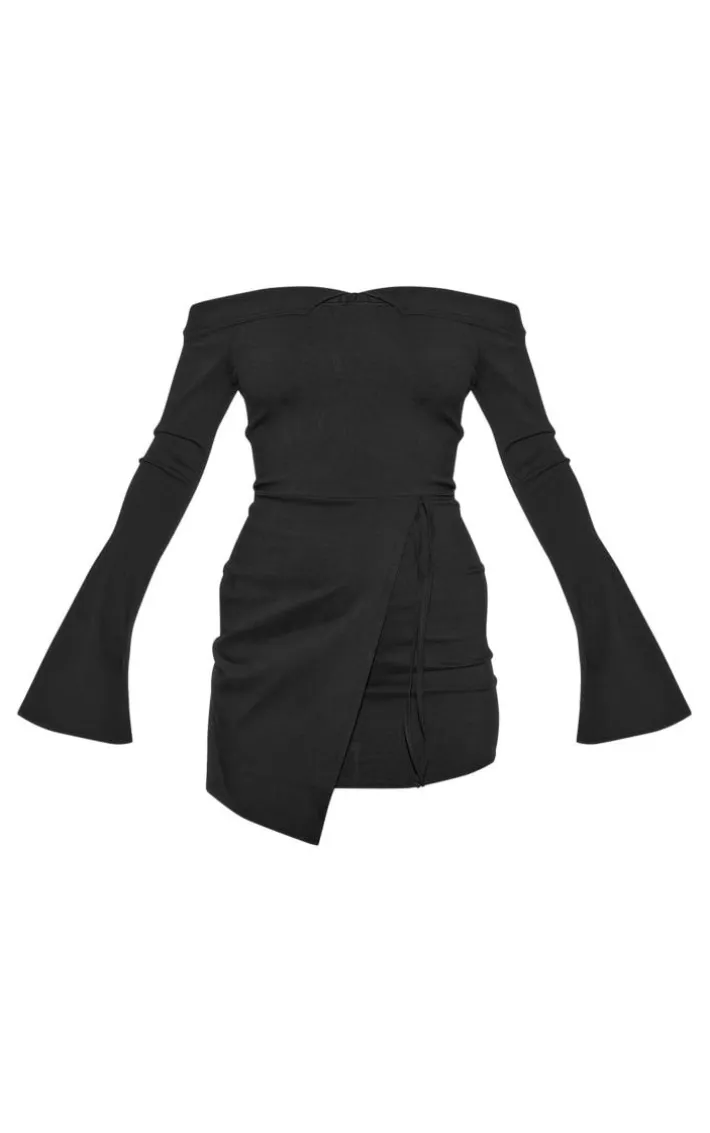 Black Stretch Woven Fold Bardot Wrap Bodycon Dress