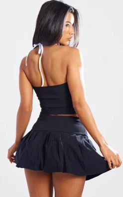 Black Stretch Woven Halterneck Contrast Binding Long Top