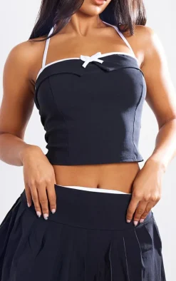 Black Stretch Woven Halterneck Contrast Binding Long Top