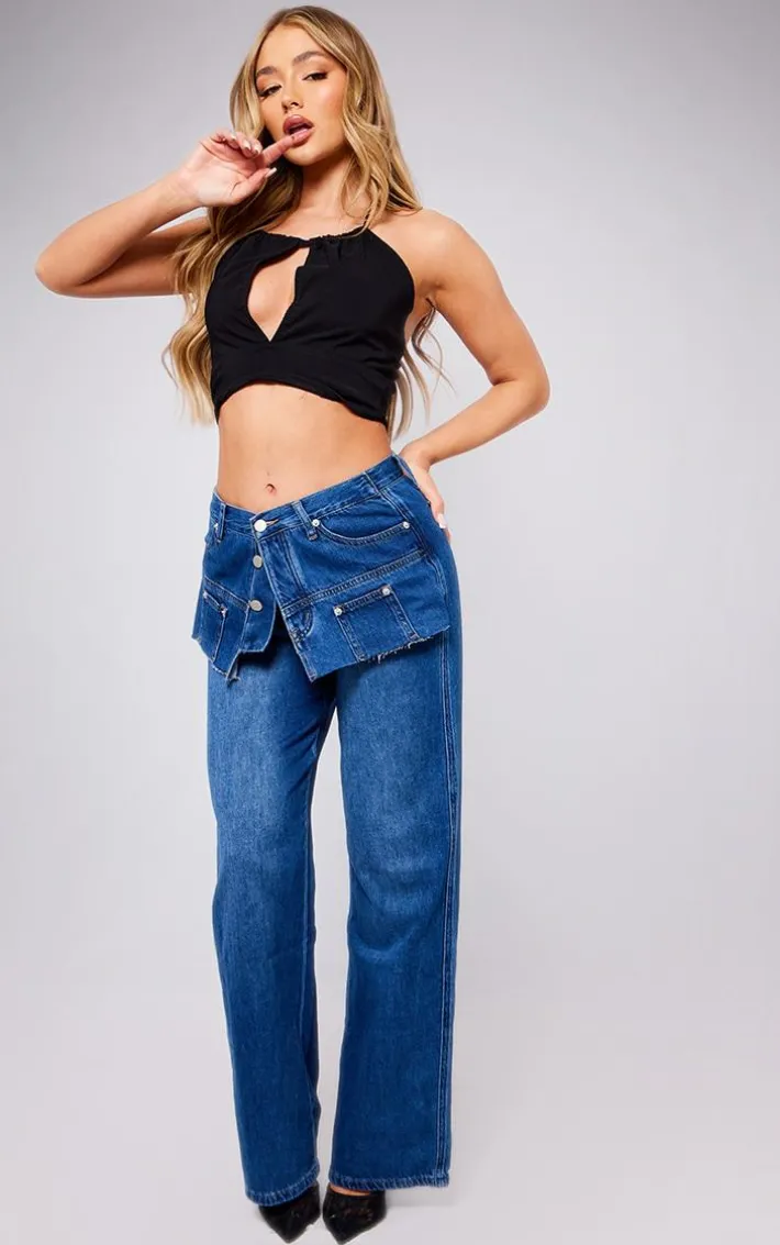 Black Stretch Woven Halter Cut Out Crop Top