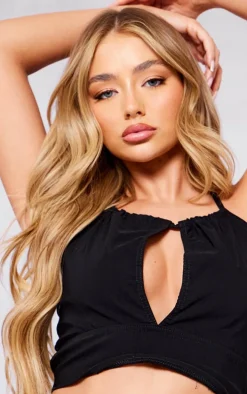 Black Stretch Woven Halter Cut Out Crop Top