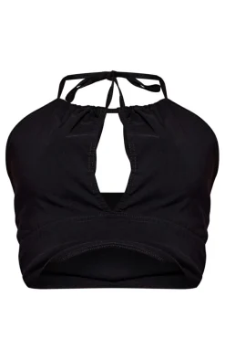 Black Stretch Woven Halter Cut Out Crop Top