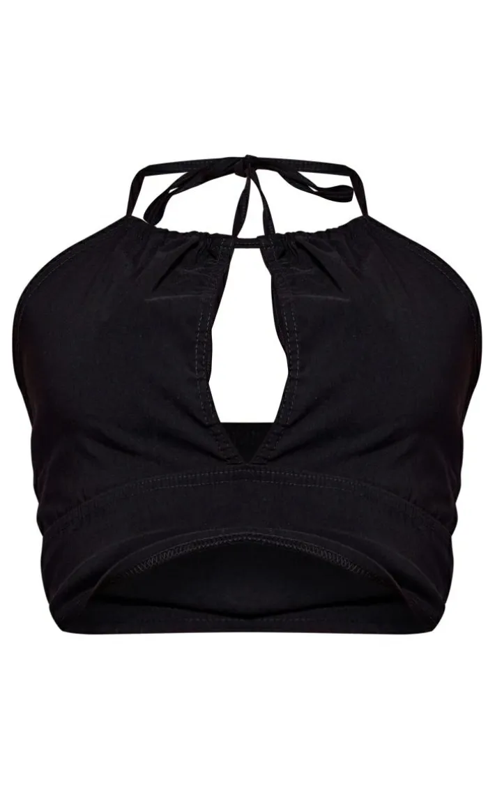 Black Stretch Woven Halter Cut Out Crop Top
