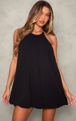 Black Stretch Woven High Neck Puff Ball Dress