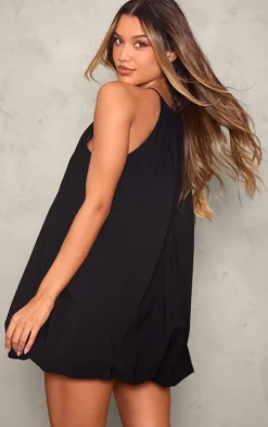 Black Stretch Woven High Neck Puff Ball Dress