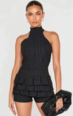 Black Stretch Woven High Neck Rara Skort Romper