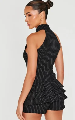 Black Stretch Woven High Neck Rara Skort Romper