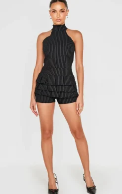 Black Stretch Woven High Neck Rara Skort Romper