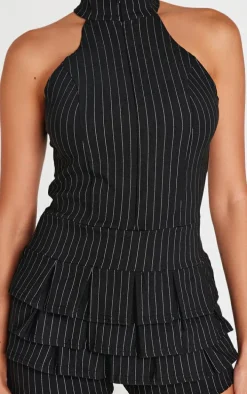 Black Stretch Woven High Neck Rara Skort Romper