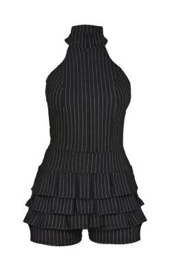 Black Stretch Woven High Neck Rara Skort Romper