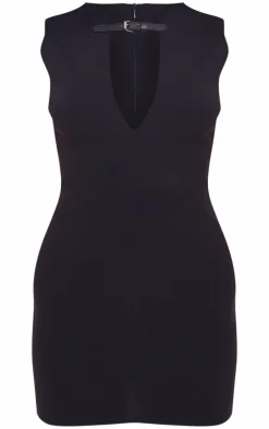 Black Stretch Woven Keyhole Belted Bodycon Dress