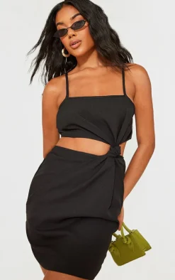Black Stretch Woven Knot Cut Out Bodycon Dress