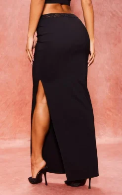 Black Stretch Woven Lace Trim Low Rise Midaxi Skirt