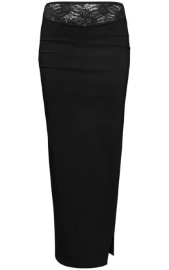 Black Stretch Woven Lace Trim Low Rise Midaxi Skirt
