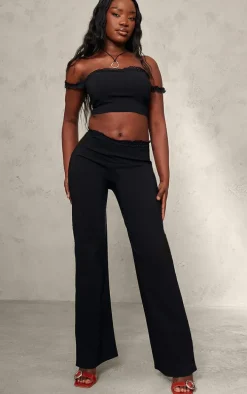 Black Stretch Woven Lace Hem Detail Pants