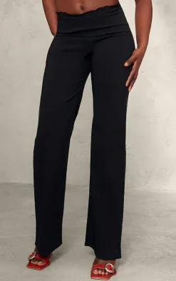 Black Stretch Woven Lace Hem Detail Pants