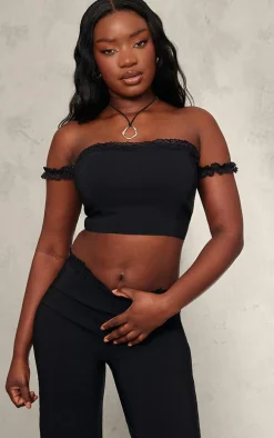 Black Stretch Woven Lace Hem Detail Pants