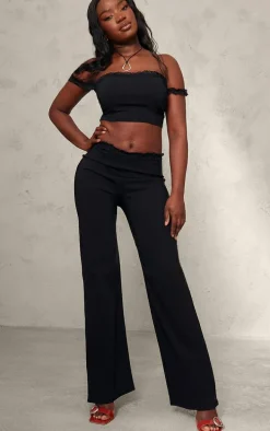 Black Stretch Woven Lace Detail Off The Shoulder Crop Top