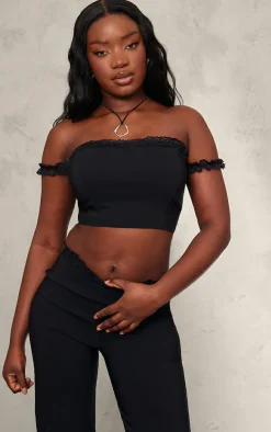 Black Stretch Woven Lace Detail Off The Shoulder Crop Top