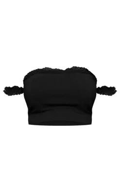 Black Stretch Woven Lace Detail Off The Shoulder Crop Top