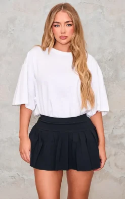 Black Stretch Woven Low Rise Pleated Micro Mini Skirt