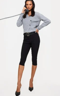 Black Stretch Woven Low Rise Belted Capri Pants