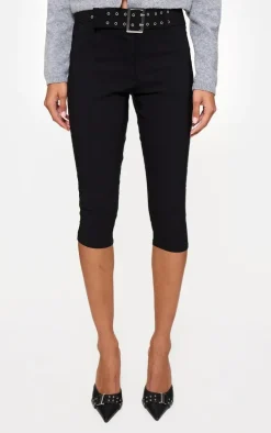 Black Stretch Woven Low Rise Belted Capri Pants