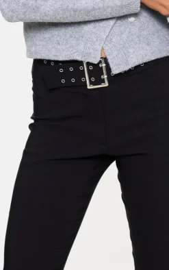 Black Stretch Woven Low Rise Belted Capri Pants