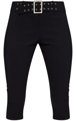 Black Stretch Woven Low Rise Belted Capri Pants