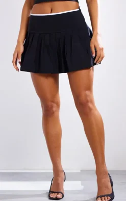 Black Stretch Woven Mid Rise Pleated Micro Mini Skirt