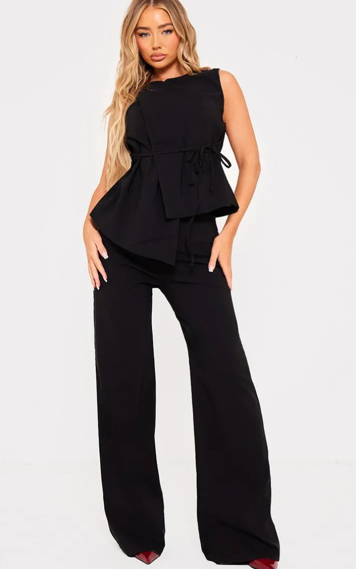 Black Stretch Woven Mid Rise Wide Leg Pants