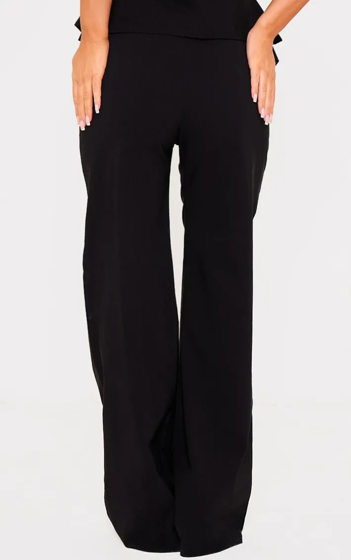 Black Stretch Woven Mid Rise Wide Leg Pants