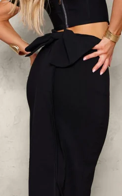 Black Stretch Woven Oversized Bow Detail Maxi Skirt