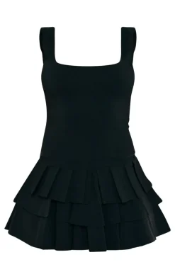 Black Stretch Woven Pleated Skort Romper