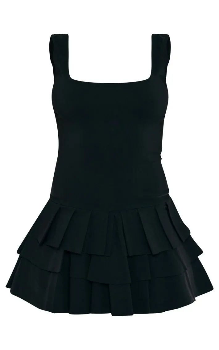 Black Stretch Woven Pleated Skort Romper