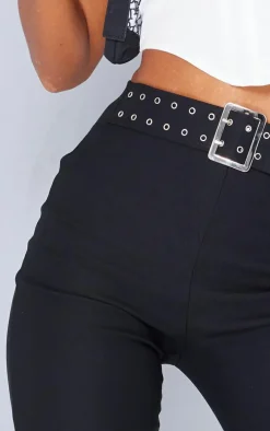 Black Stretch Woven 90's Belted Flared Pants