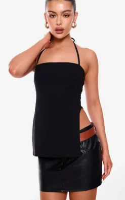 Black Stretch Woven Split Asymmetric Hem Long Top