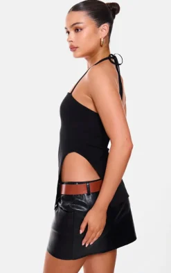 Black Stretch Woven Split Asymmetric Hem Long Top