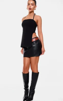 Black Stretch Woven Split Asymmetric Hem Long Top