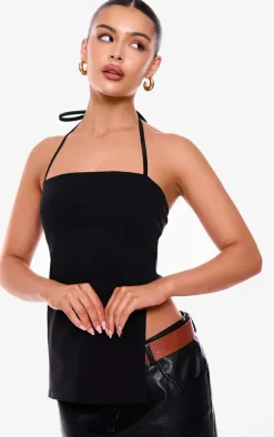 Black Stretch Woven Split Asymmetric Hem Long Top