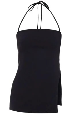 Black Stretch Woven Split Asymmetric Hem Long Top