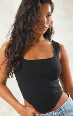 Black Stretch Woven Square Neck Corset Top