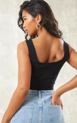 Black Stretch Woven Square Neck Corset Top